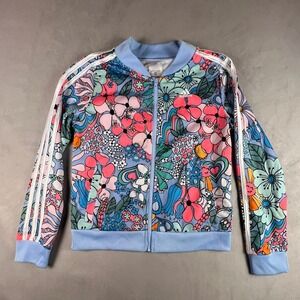 Adidas Girls Floral Doodle Print Track Jacket Blue Pink Full Zip Size L 14